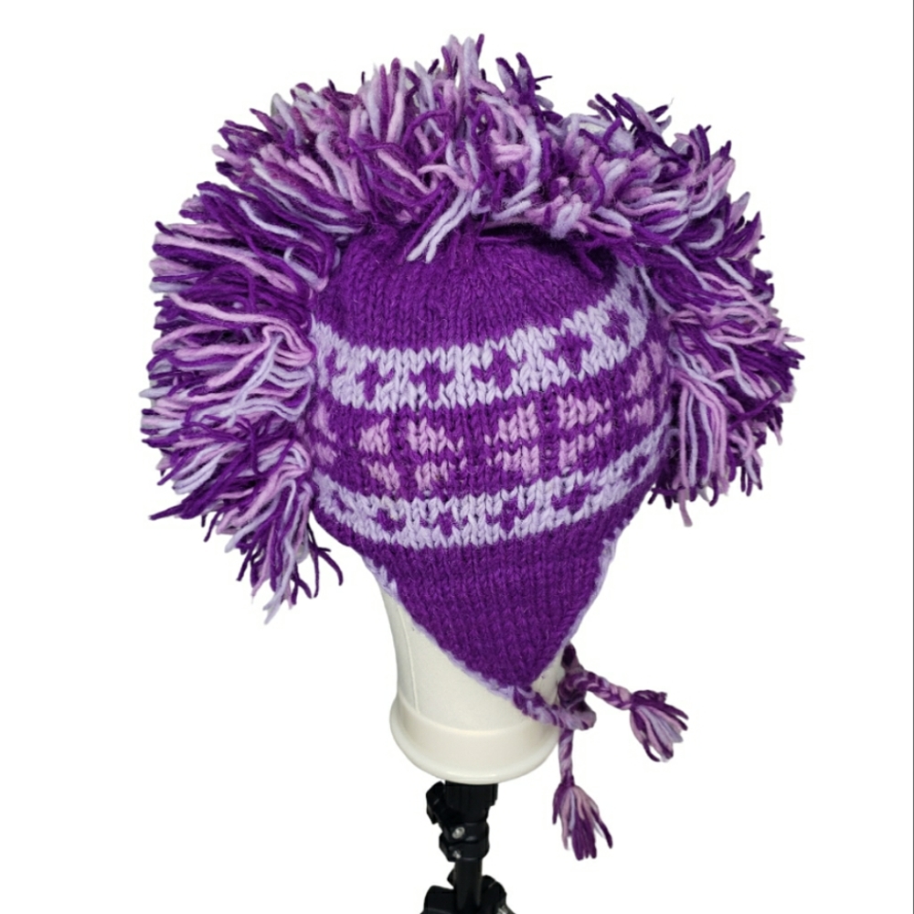 Wool Mohawk Rooster Ear Flaps Festival Hippie Nepal Knitted Beanie Hat Cap Fleec